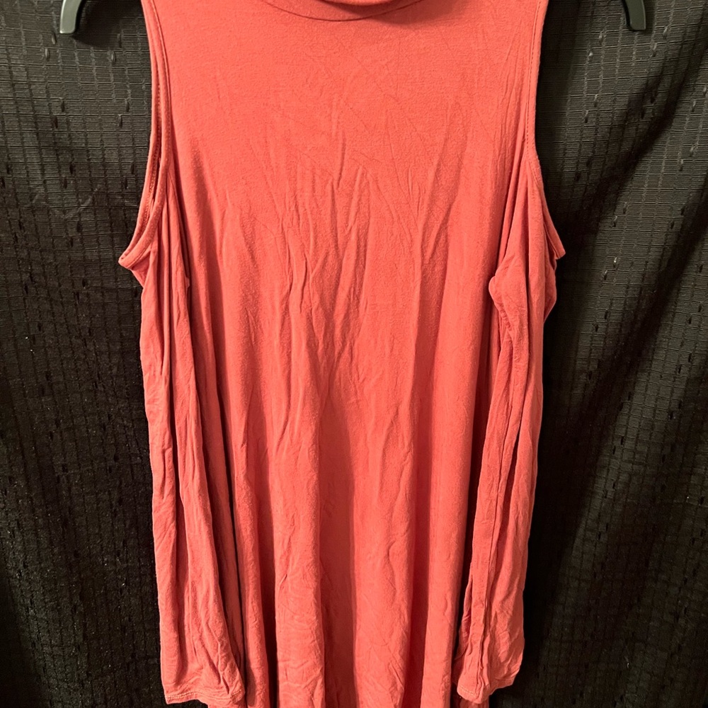 MTS Cold Shoulder Top Coral Mock Neck Long Sleeve Drapey Casual Chic Blouse